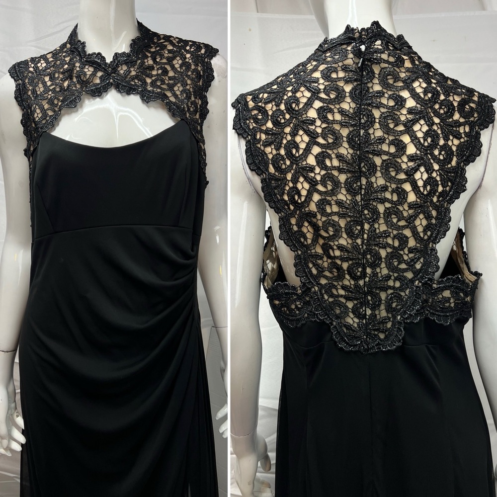 Alex Evenings Women's 16 Black Sleeveless Lace Draped Slit Long Gown Maxi Dress - Picture 4 of 6